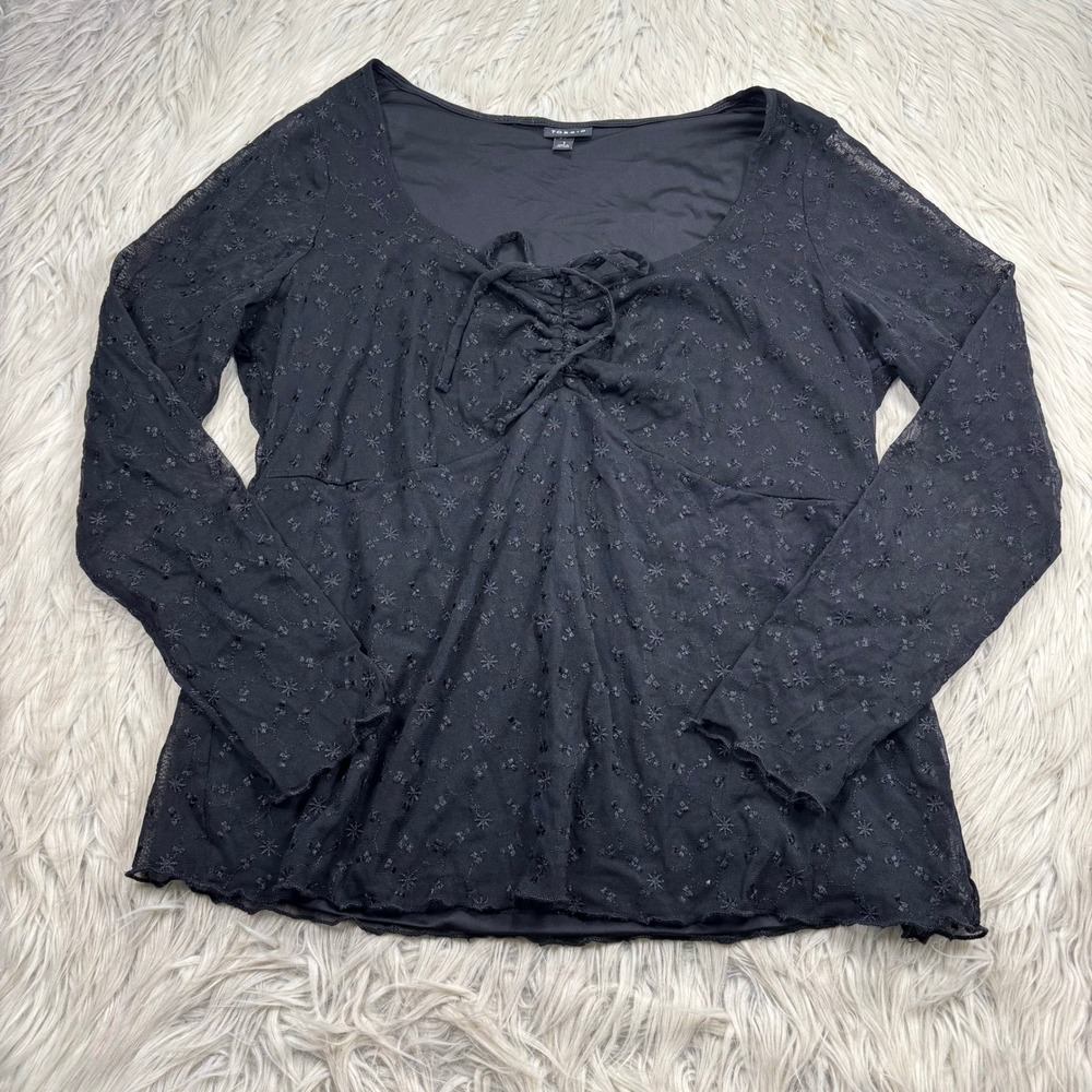 Torrid Women's 1X Black‎ Embroidered Mesh Ruched Neck Empire Blouse